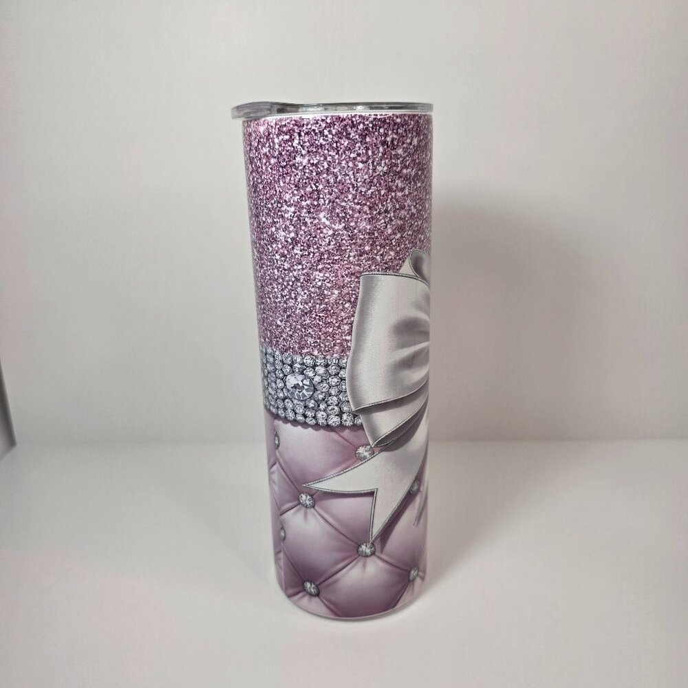 Pink Glitter Heart Bow 20 oz Skinny Tumbler | Glam Rhinestone Bling Tumbler - Picture 4 of 6